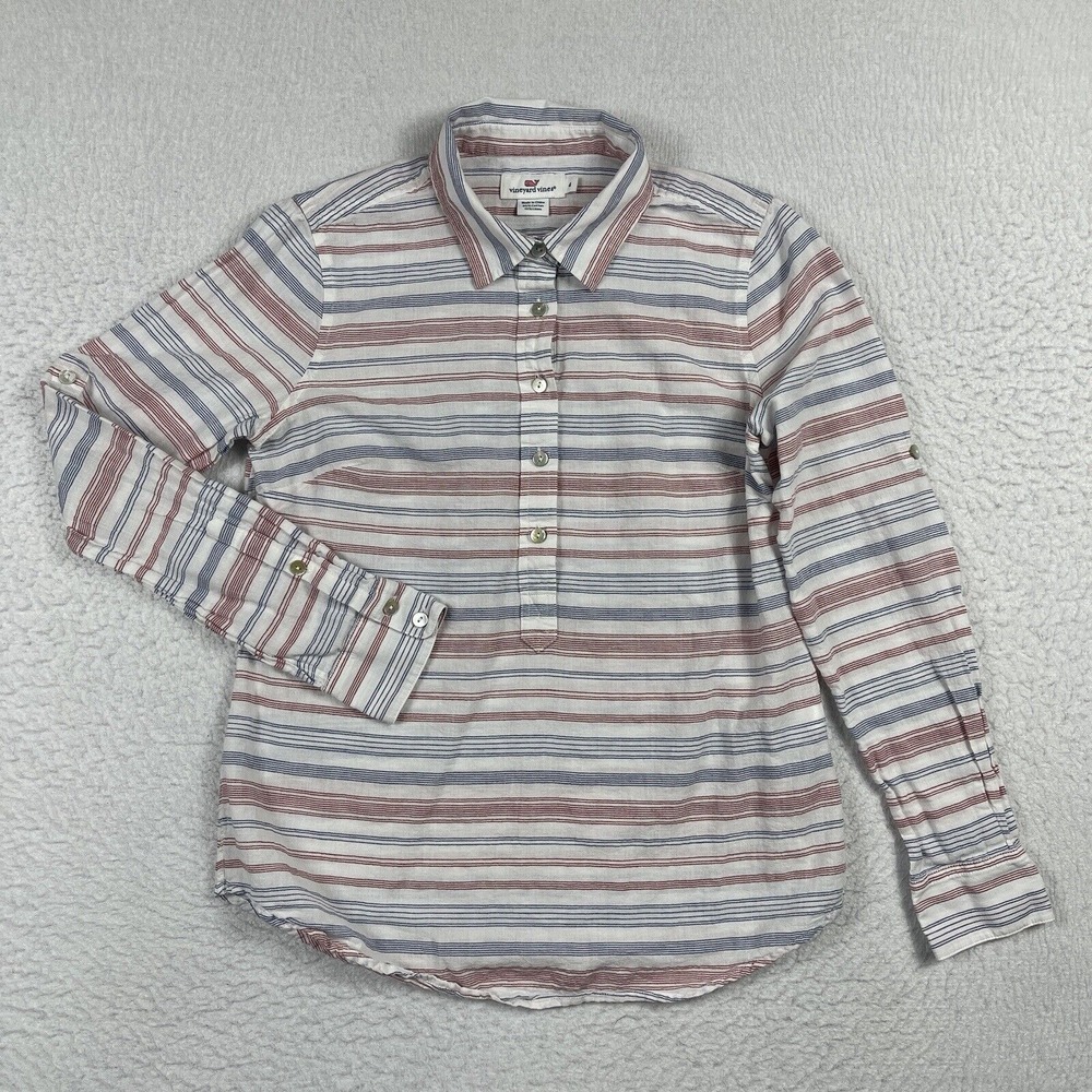 Vineyard Vines Shirt Womens Size‎ 4 Linen Blend Popover Ladies Top Casual Travel